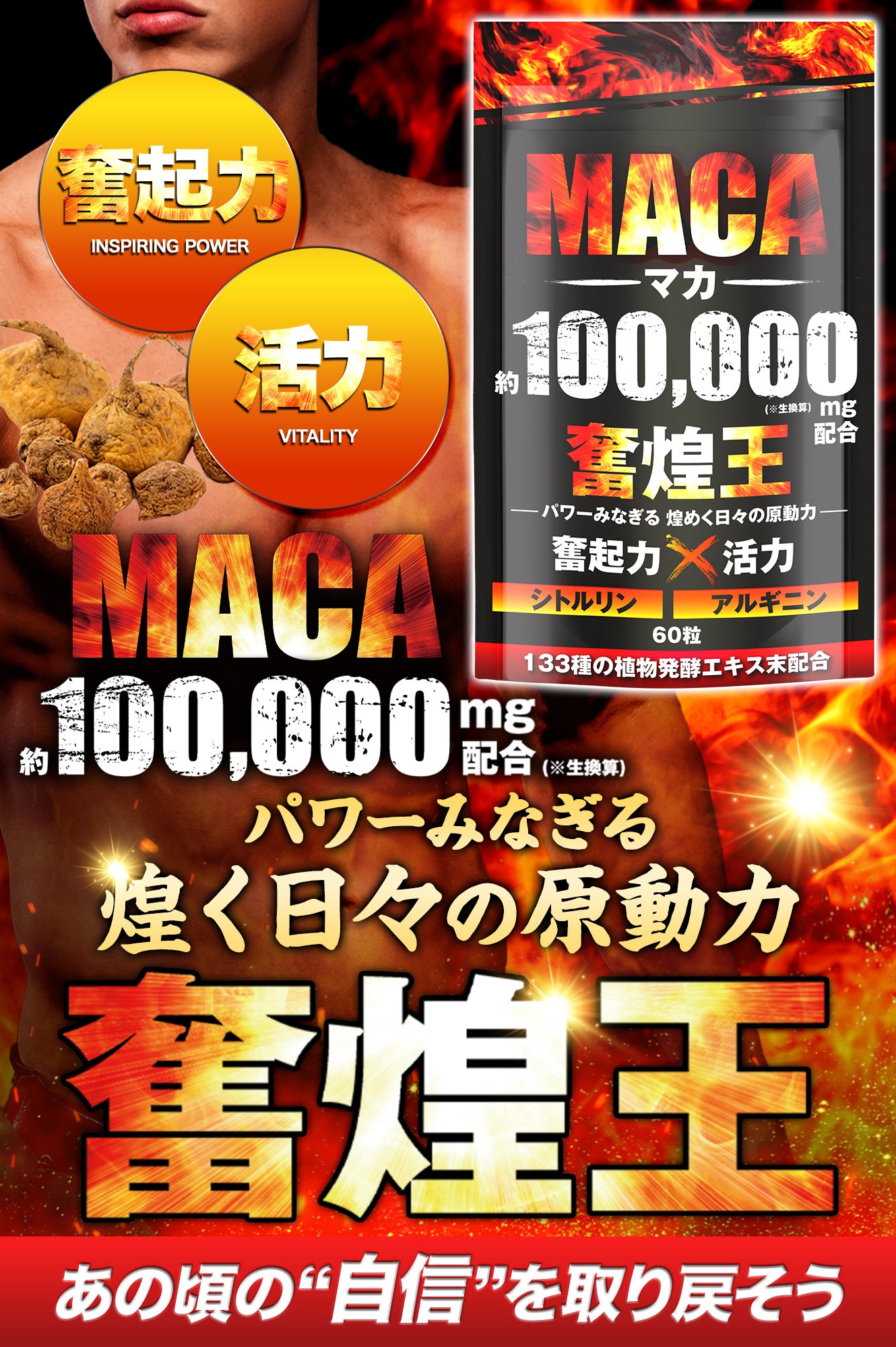 マカ 100,000mg サプリ 亜鉛 シトルリン アルギニン ペルー産 濃縮有機マカ 厳選133種 60粒 奮煌王