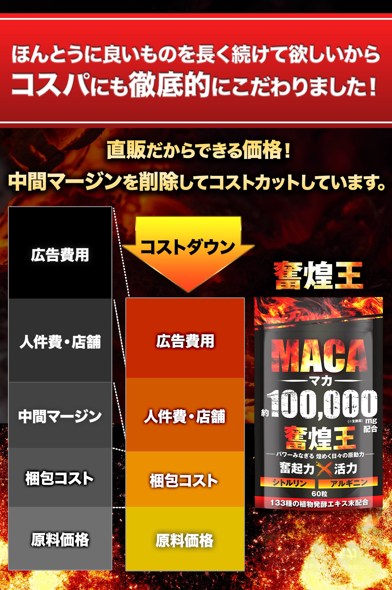 マカ 100,000mg サプリ 亜鉛 シトルリン アルギニン ペルー産 濃縮有機マカ 厳選133種 60粒 奮煌王